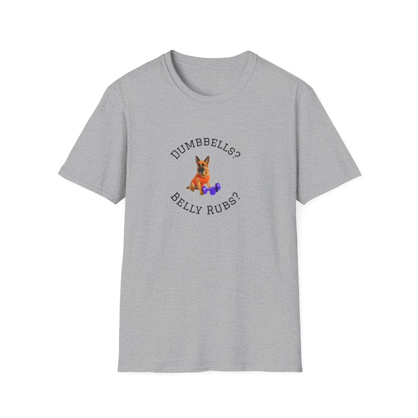 Gray t-shirt with a dog graphic and text on a white background