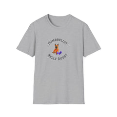 Gray t-shirt with a dog graphic and text on a white background