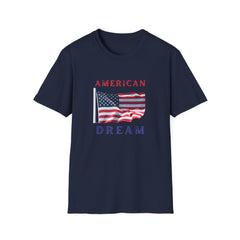 T-shirt featuring an American flag graphic with the words 'AMERICAN DREAM' in red and blue text above and below the flag