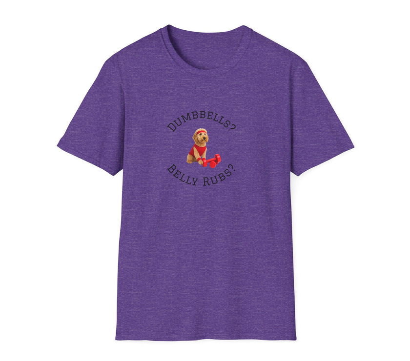 Purple t-shirt with a graphic of a dog and text on a white background