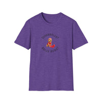 Purple t-shirt with a graphic of a dog and text on a white background