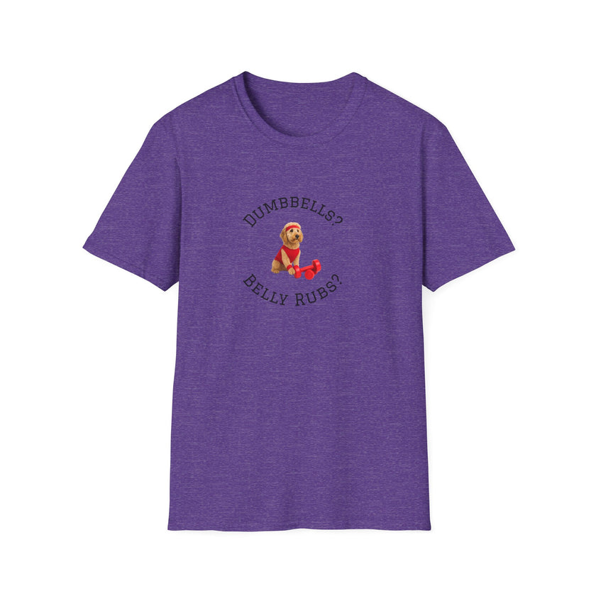 Purple t-shirt with a graphic of a dog and text on a white background