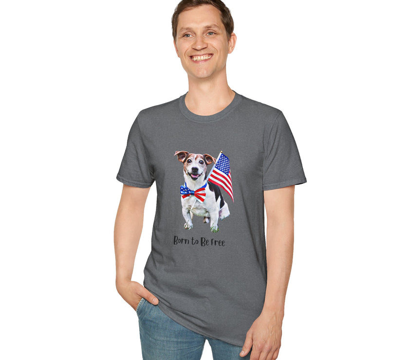 Male wearing T-shirt featuring a cute golden doodle puppy wearing an American flag bow tie and holding a small U.S. flag, with the phrase 'Born to Be Free' printed below the image.
