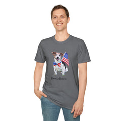 Male wearing T-shirt featuring a cute golden doodle puppy wearing an American flag bow tie and holding a small U.S. flag, with the phrase 'Born to Be Free' printed below the image.