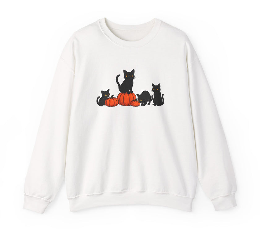 White sweatshirt with black cat and pumpkin design on a white background