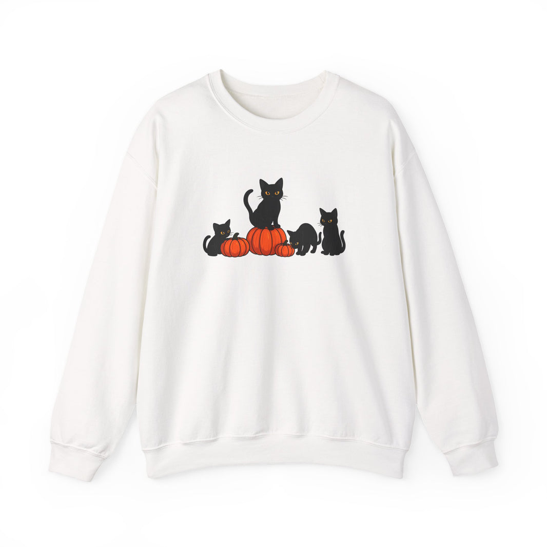 White sweatshirt with black cat and pumpkin design on a white background