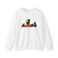 White sweatshirt with black cat and pumpkin design on a white background