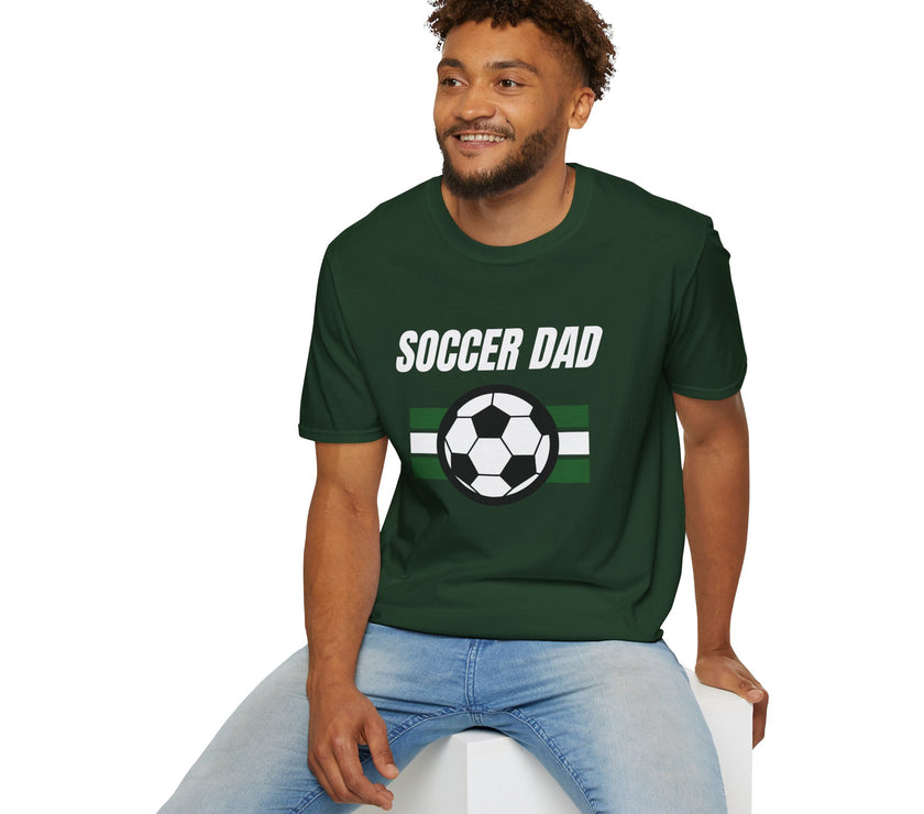 Man wearing a green 'Soccer Dad' t-shirt with a soccer ball graphic on a white background
