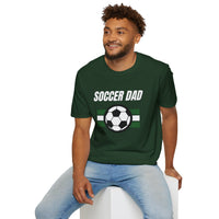 Man wearing a green 'Soccer Dad' t-shirt with a soccer ball graphic on a white background