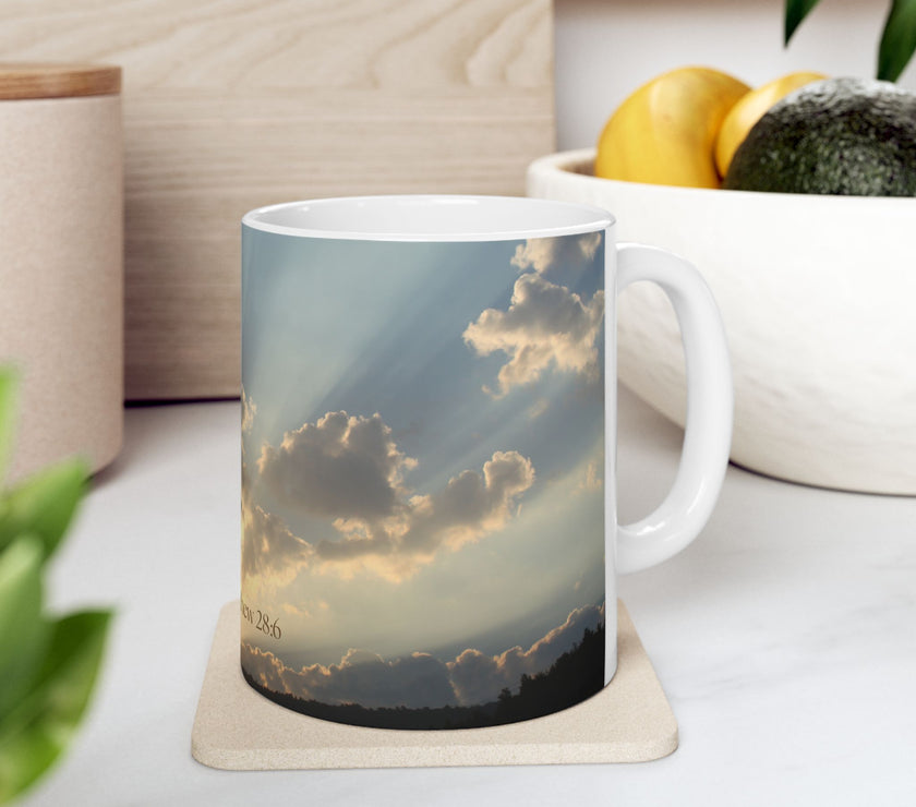 Morning Blessings Mug – Christian Ceramic Coffee Cup witn message  “He is not here; he has Risen – Matthew 28:6” ceramic mug.