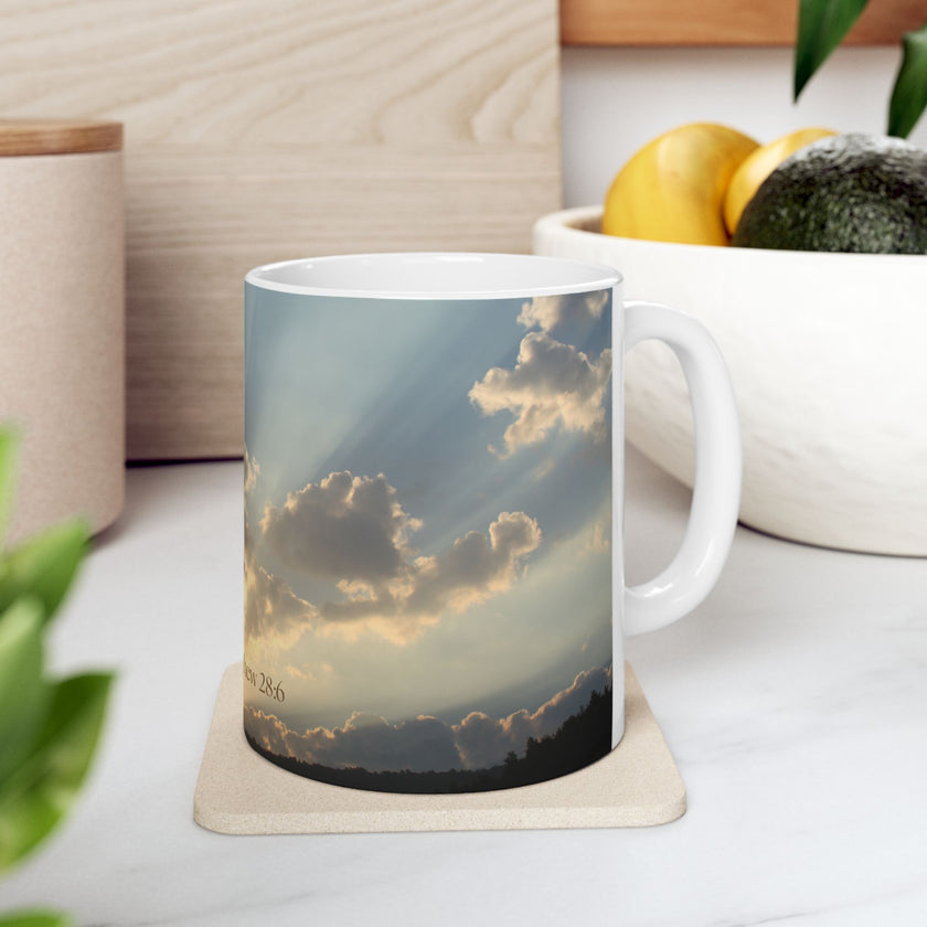 Morning Blessings Mug – Christian Ceramic Coffee Cup witn message  “He is not here; he has Risen – Matthew 28:6” ceramic mug.
