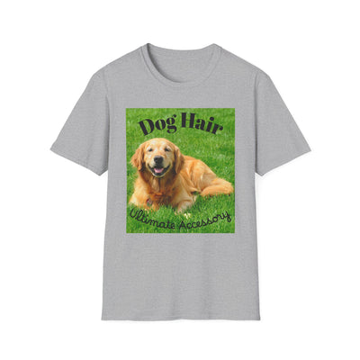 Gray t-shirt with a graphic of a dog on grass and text 'Dog Hair Ultimate Accessory' on a white background.