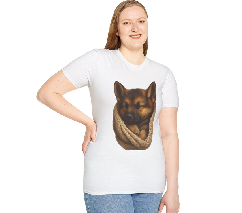 Person wearing a white t-shirt with a graphic of a dog in a bag on a white background
