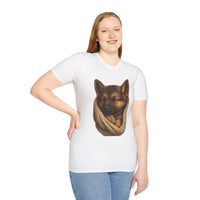 Person wearing a white t-shirt with a graphic of a dog in a bag on a white background
