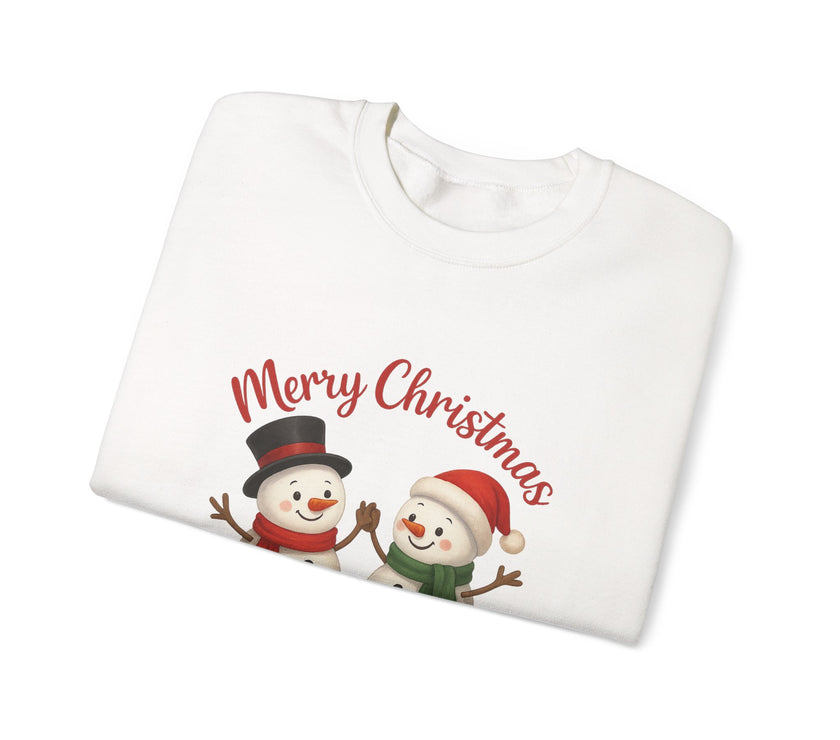 White sweatshirt with Christmas-themed design featuring two snowmen and 'Merry Christmas' text on a white background.