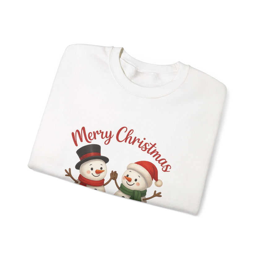 White sweatshirt with Christmas-themed design featuring two snowmen and 'Merry Christmas' text on a white background.