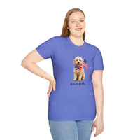 Female wearing T-shirt featuring a cute golden doodle puppy wearing an American flag bow tie and holding a small U.S. flag, with the phrase 'Born to Be Free' printed below the image.