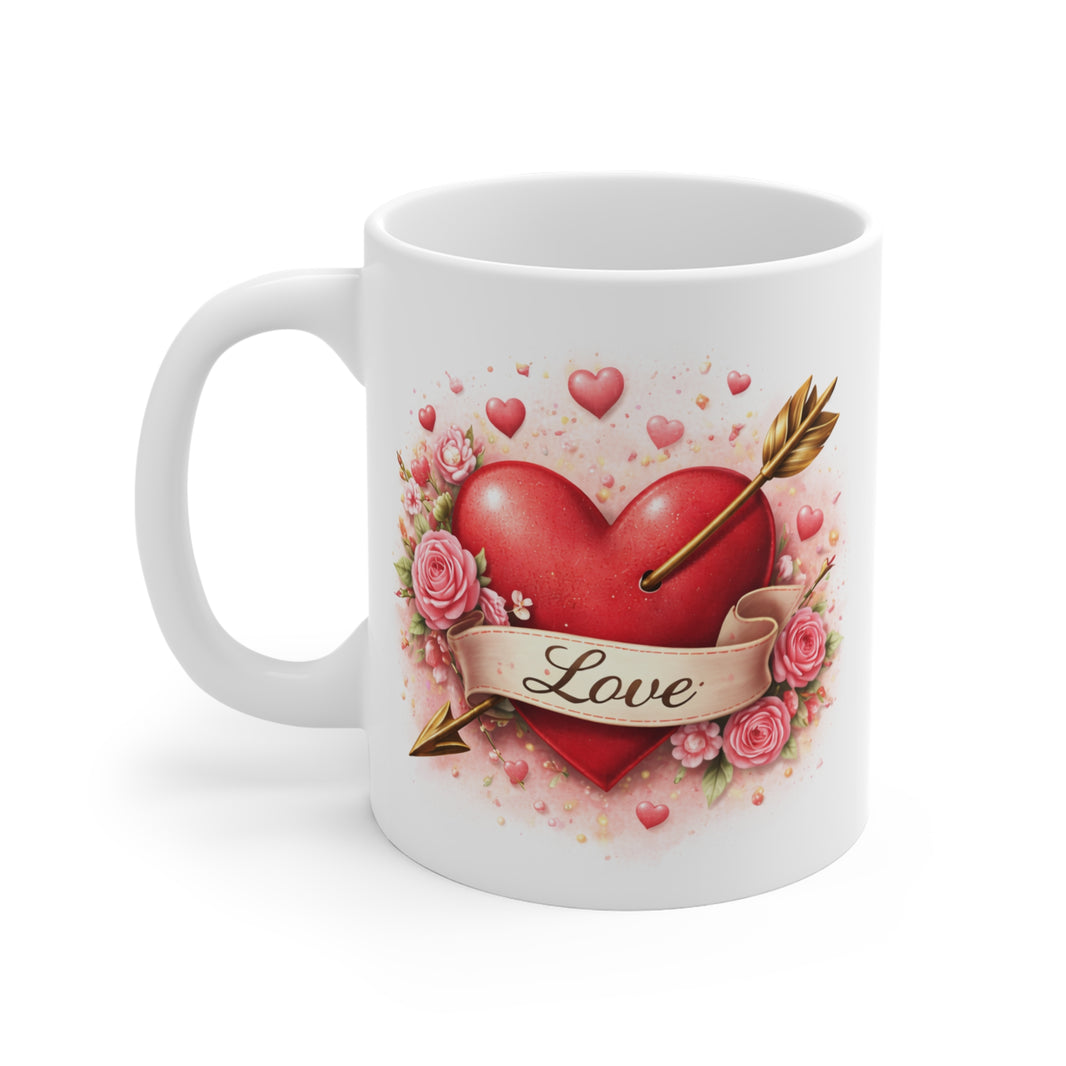 White mug with a heart design featuring roses and an arrow, labeled 'Love', on a white background.