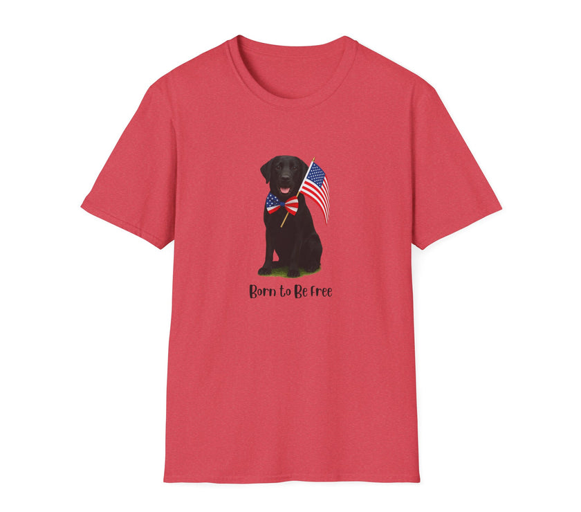 Heather Red  t-shirt featuring a patriotic Black Lab wearing an American flag bowtie and holding U.S. flags, with the Black Lab phrase "Born to Be Free" printed below — perfect for dog lovers and patriotic Americans.
