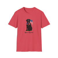 Heather Red  t-shirt featuring a patriotic Black Lab wearing an American flag bowtie and holding U.S. flags, with the Black Lab phrase "Born to Be Free" printed below — perfect for dog lovers and patriotic Americans.