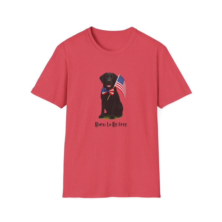 Heather Red  t-shirt featuring a patriotic Black Lab wearing an American flag bowtie and holding U.S. flags, with the Black Lab phrase "Born to Be Free" printed below — perfect for dog lovers and patriotic Americans.
