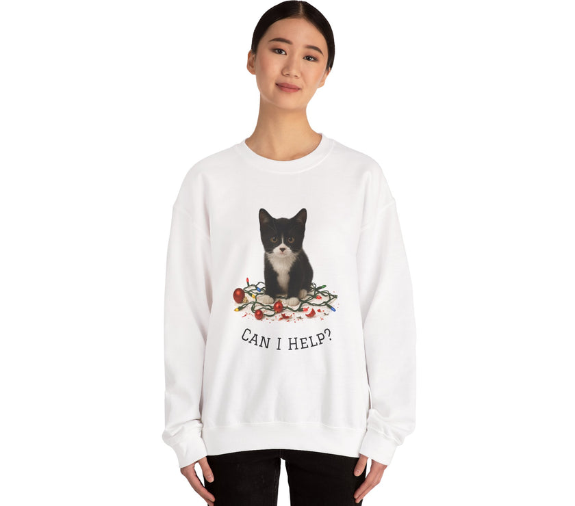 Person wearing a white sweatshirt with a cat graphic and 'Can I Help?' text on a white background
