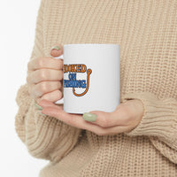 A white ceramic  featuring the phrase "Hooked on Fishing" in bold orange and blue text with a graphic of a fishing hook integrated into the design.