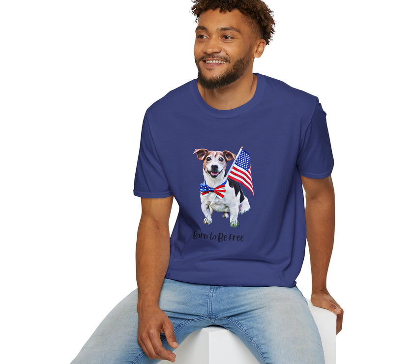 Male wearing T-shirt featuring a cute golden doodle puppy wearing an American flag bow tie and holding a small U.S. flag, with the phrase 'Born to Be Free' printed below the image.