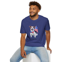 Male wearing T-shirt featuring a cute golden doodle puppy wearing an American flag bow tie and holding a small U.S. flag, with the phrase 'Born to Be Free' printed below the image.