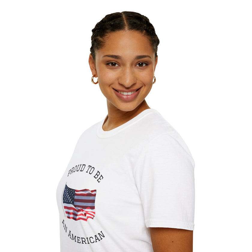 Smiling woman  wearing a white t-shirt with an American flag graphic and the words 'Proud to Be an American' printed around the flag
