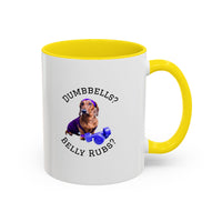 Two tone ceramic mug featuring a dachshund next to dumbbells and the humorous text 'Dumbbells? Belly Rubs?', designed for dog lovers and fitness enthusiasts.