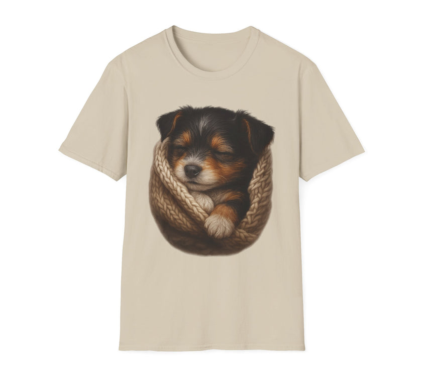 Beige t-shirt with a graphic of a dog in a knitted pouch on a white background