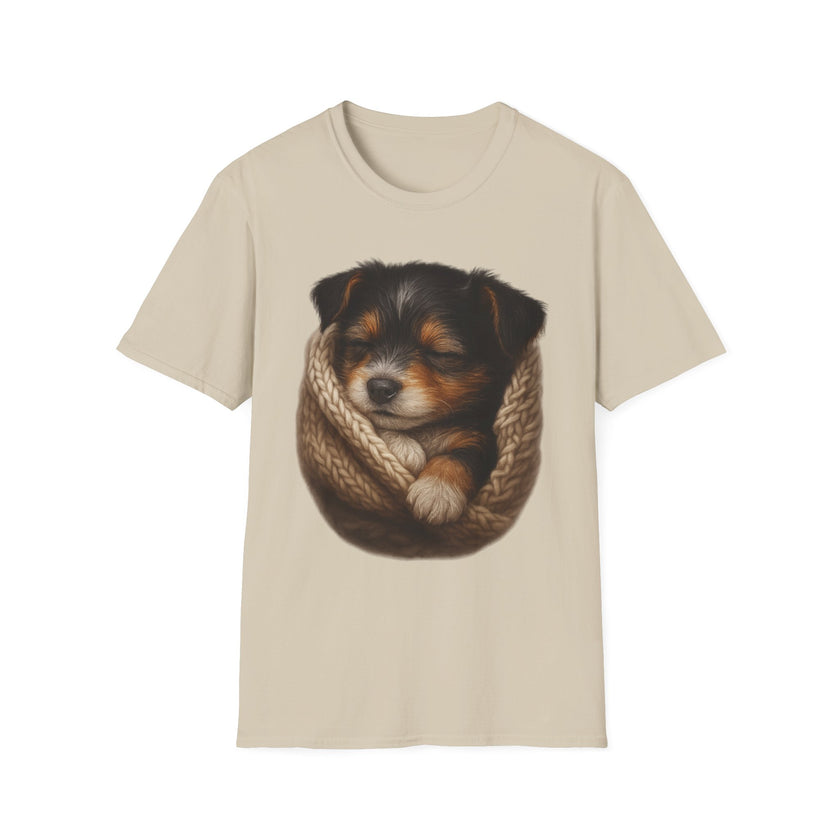 Beige t-shirt with a graphic of a dog in a knitted pouch on a white background
