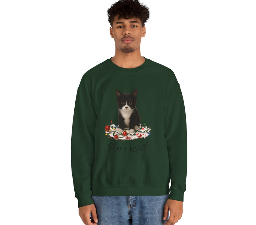 Person wearing a green sweatshirt with a cat graphic and text on a white background
