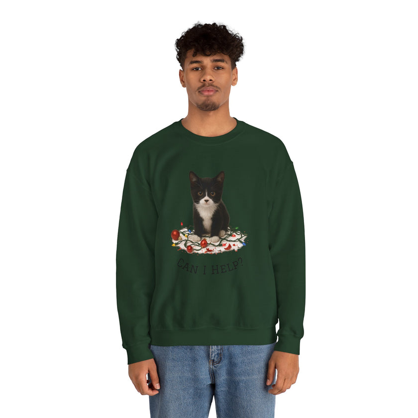 Person wearing a green sweatshirt with a cat graphic and text on a white background