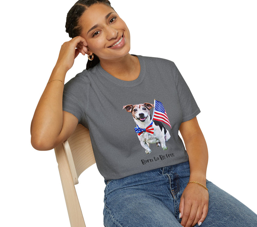 Female wearing T-shirt featuring a cute  puppy wearing an American flag bow tie and holding a small U.S. flag, with the phrase 'Born to Be Free' printed below the image.
