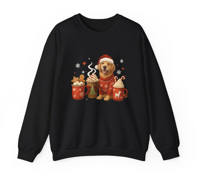 Black sweatshirt with a festive design of a dog in a Santa hat and hot chocolate mugs on a white background.