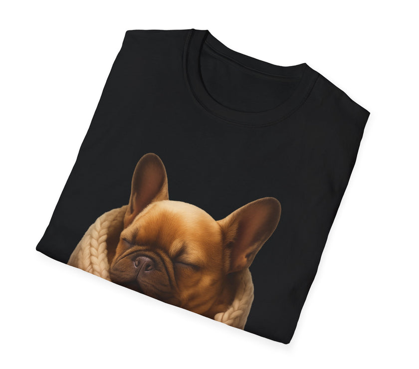 Black t-shirt with a brown dog graphic on a white background