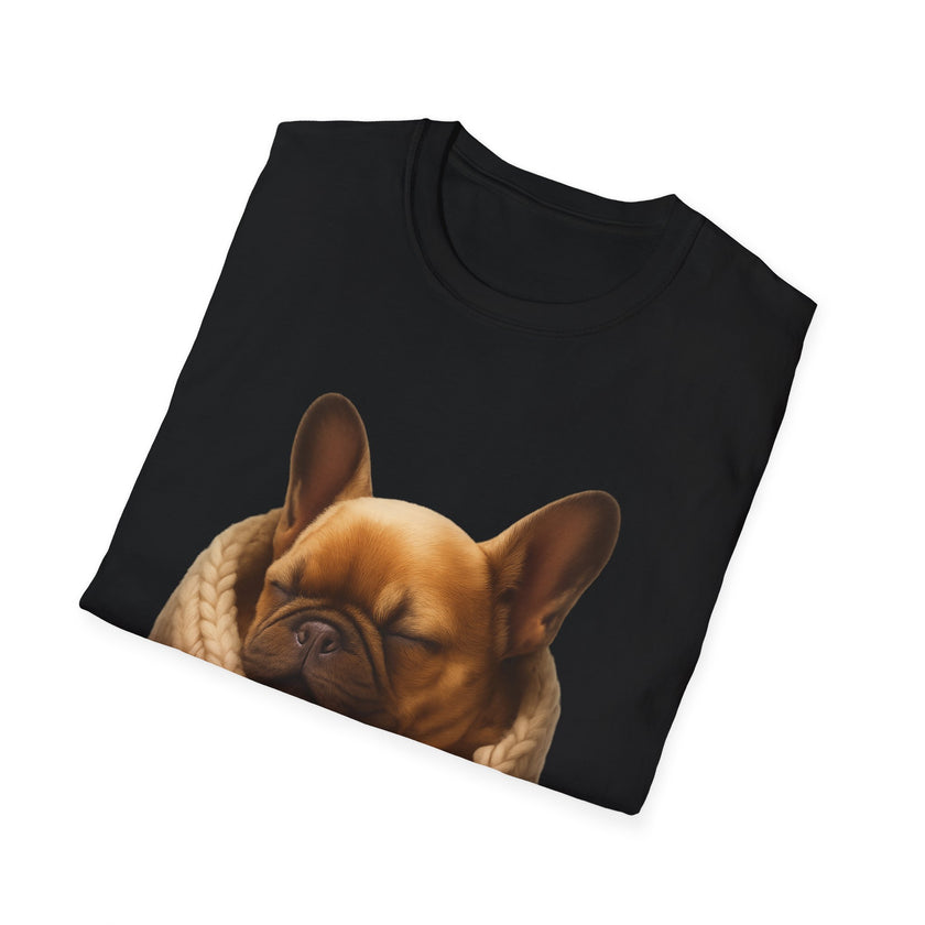 Black t-shirt with a brown dog graphic on a white background