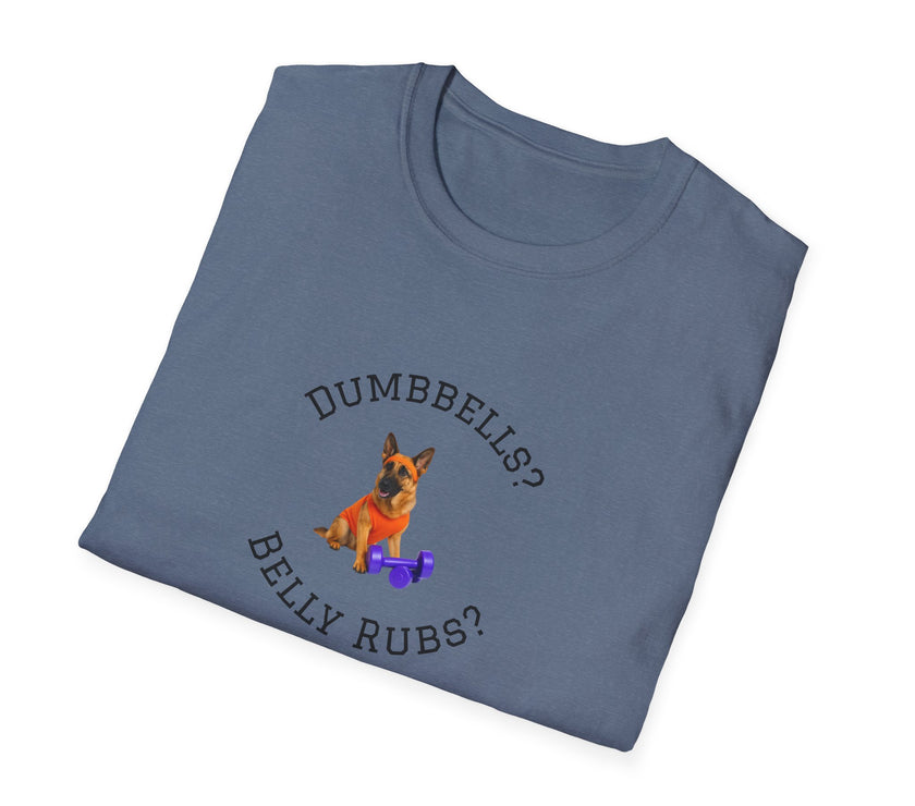 Folded blue t-shirt with a dog graphic and text on a white background