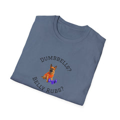 Folded blue t-shirt with a dog graphic and text on a white background