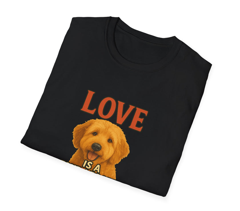 Black t-shirt with a dog graphic and 'LOVE IS A' text on a white background