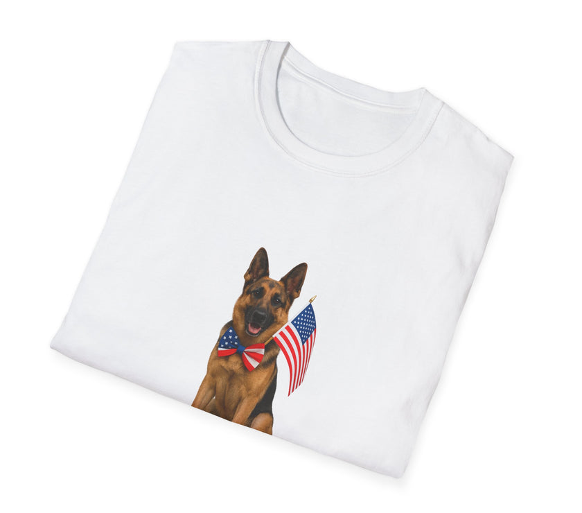 White t-shirt featuring a patriotic German Shepherd wearing an American flag bowtie and holding U.S. flags, with the phrase "Born to Be Free" printed below — perfect for dog lovers and patriotic Americans.