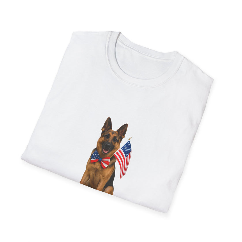 White t-shirt featuring a patriotic German Shepherd wearing an American flag bowtie and holding U.S. flags, with the phrase "Born to Be Free" printed below — perfect for dog lovers and patriotic Americans.