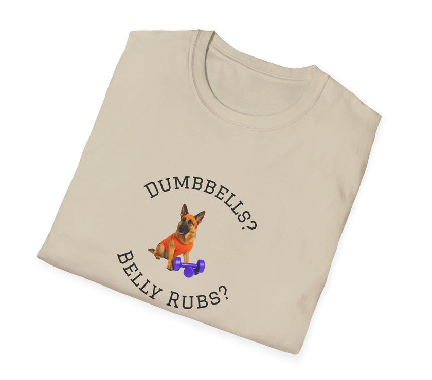 Beige t-shirt with a dog graphic and text on a white background
