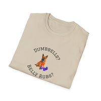 Beige t-shirt with a dog graphic and text on a white background