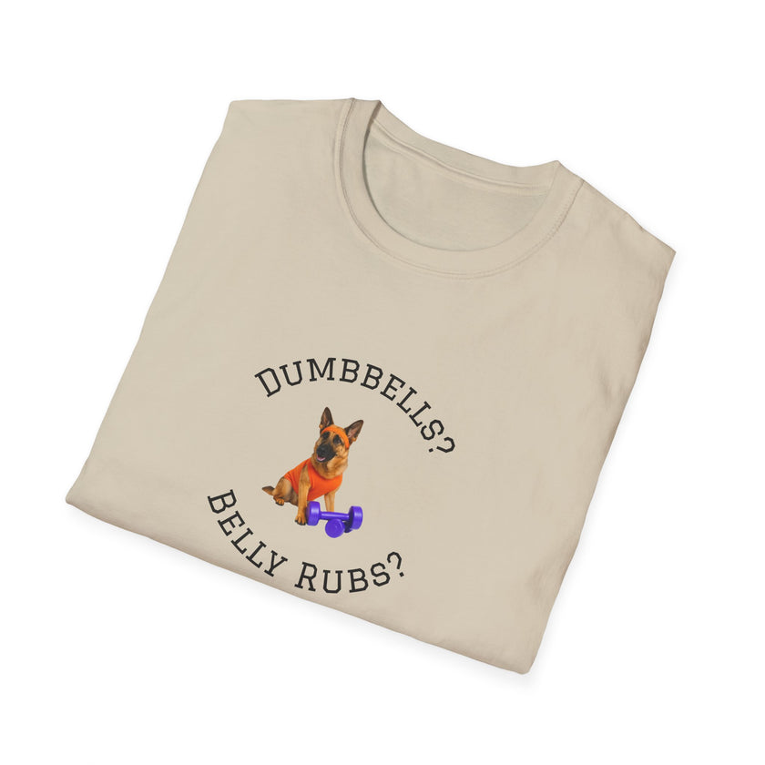 Beige t-shirt with a dog graphic and text on a white background