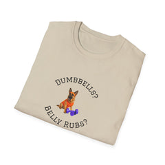 Beige t-shirt with a dog graphic and text on a white background