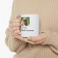 White ceramic mug featuring a photo of a smiling golden retriever lying on grass, with the humorous quote "Dog Hair: The Ultimate Accessory" printed below the image.