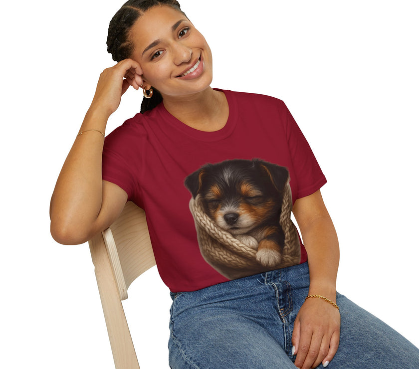 Person wearing a red t-shirt with a dog graphic on a white background